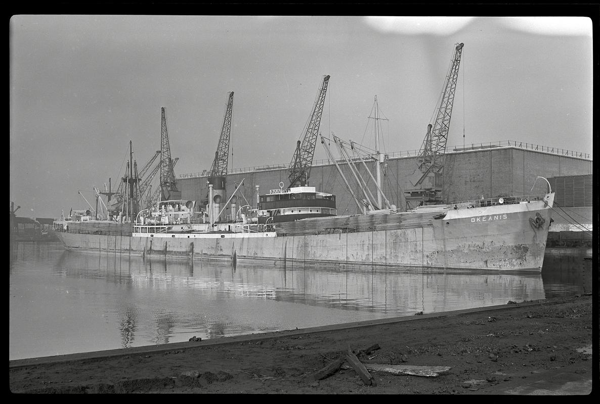 Starboard bow view of S.S. OKEANIS at Cardiff Docks.