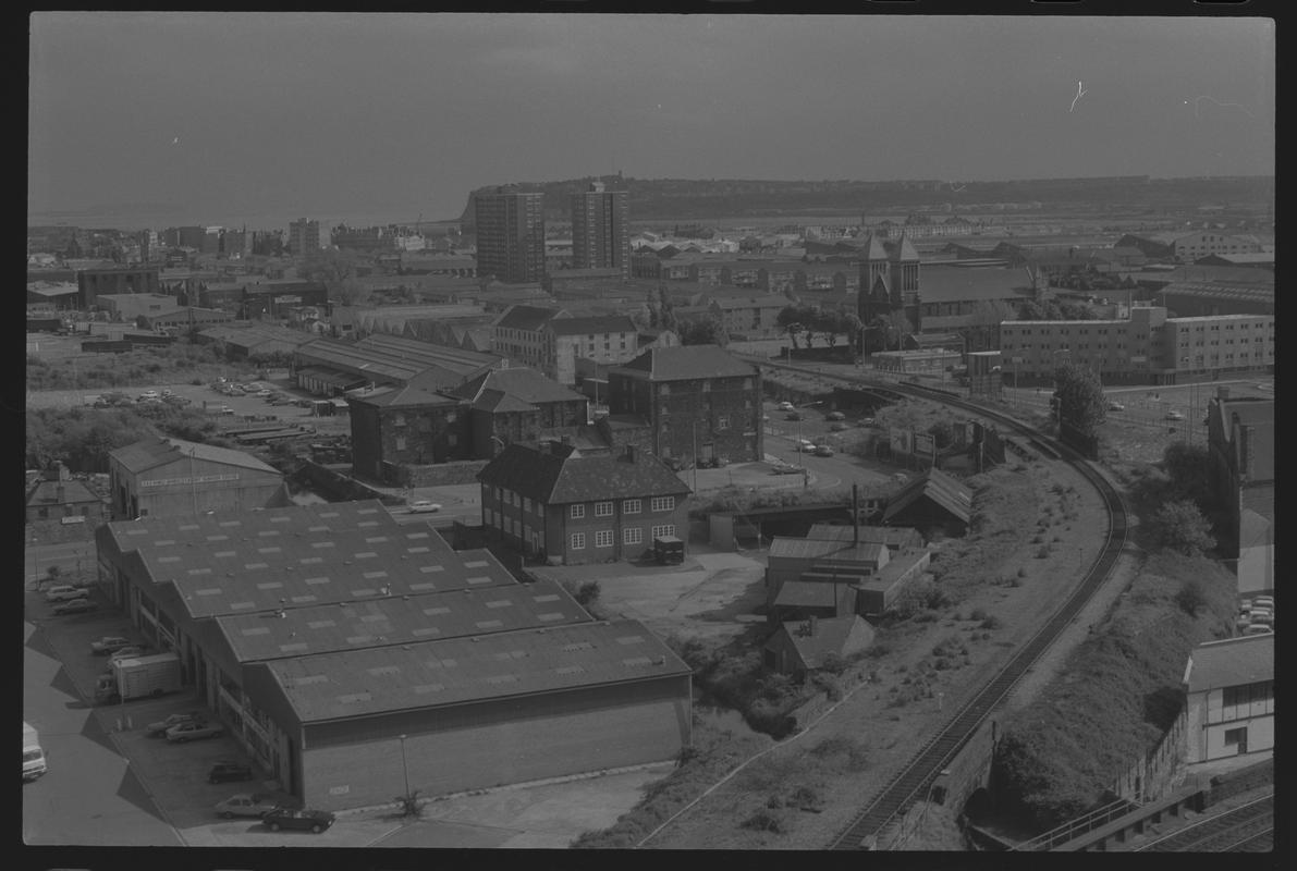 Cardiff Docks, with Penarth Head in background from Churchill Way, Cardiff.