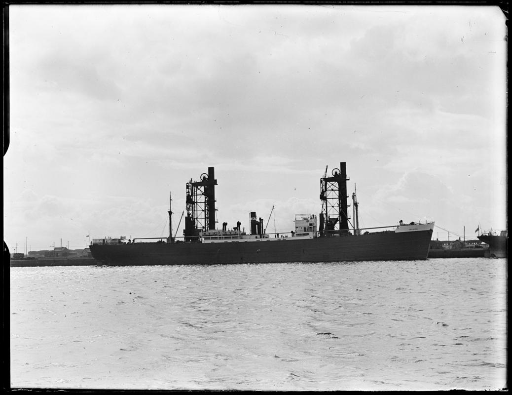 Starboard broadside view of S.S. GRAIGDDU, at Cardiff Docks, c.1948.