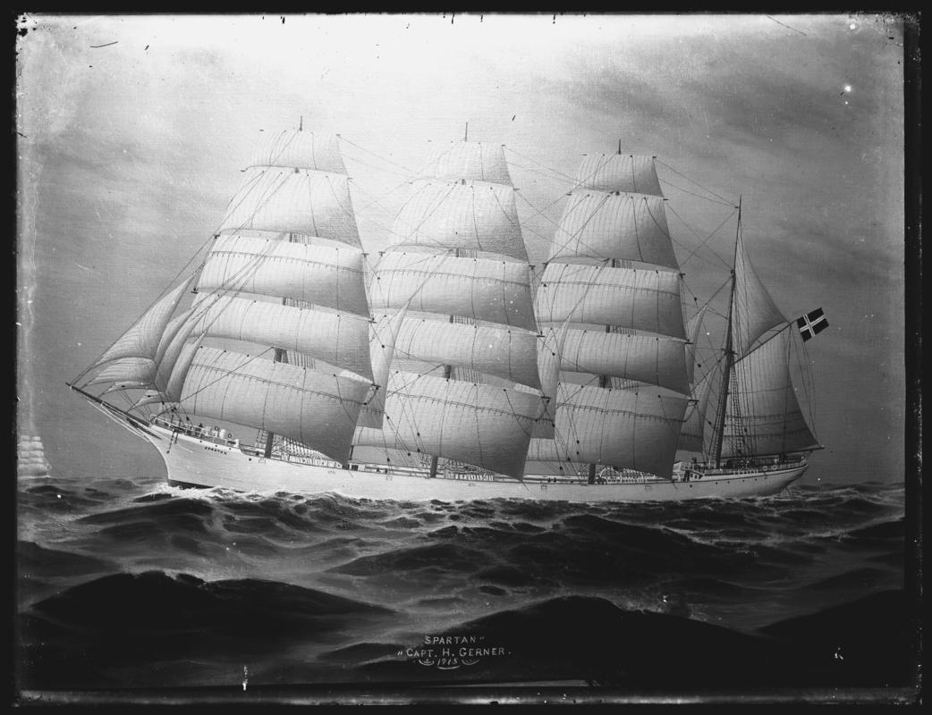 Photograph of a painting showing a port broadside view of the four-masted barque SPARTAN.  Title of painting - &#039;SPARTAN / CAPT. H. GERNER. / 1915&#039;.