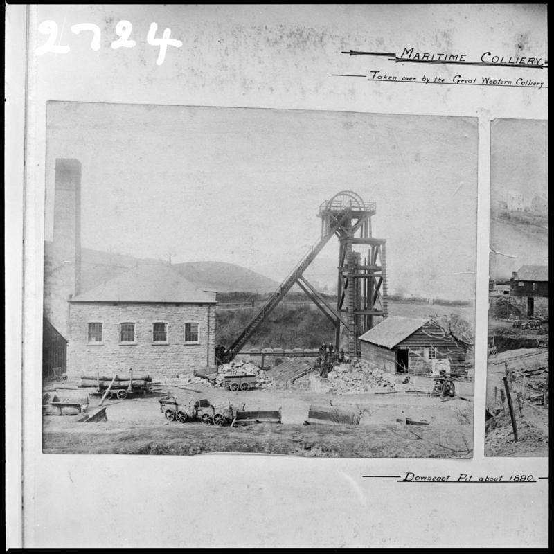 Black and white film negative of a photograph showing the downcast pit, Maritime Colliery c.1890.  &#039;Maritime Downcast c1890&#039; is transcribed from original negative bag.
