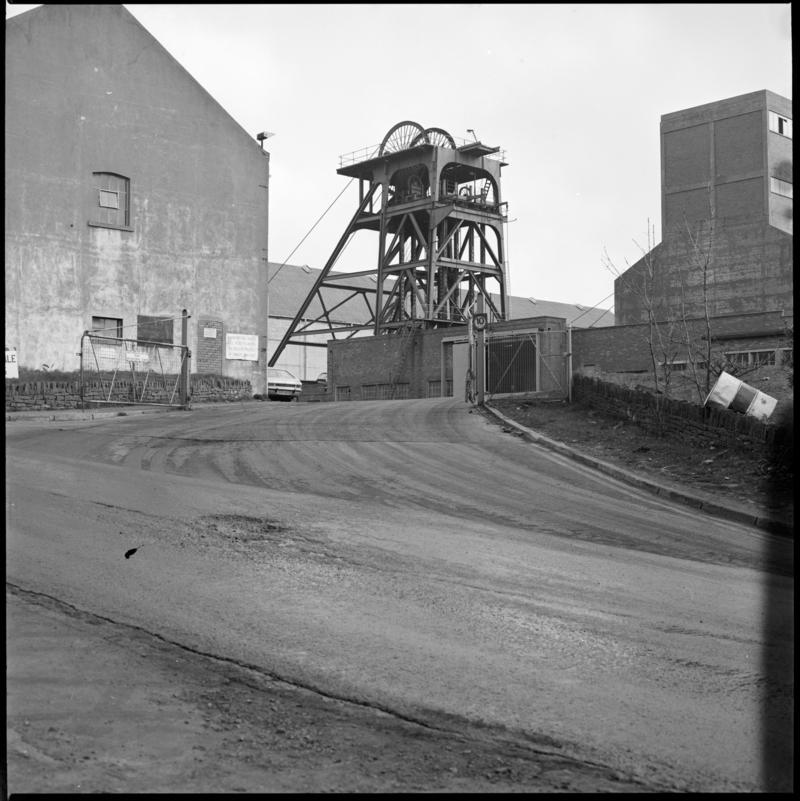 Black and white film negative showing the downcast headframe, Cwm Colliery 3 April 1981.  &#039;Cwm 3 April 1981&#039; is transcribed from original negative bag.