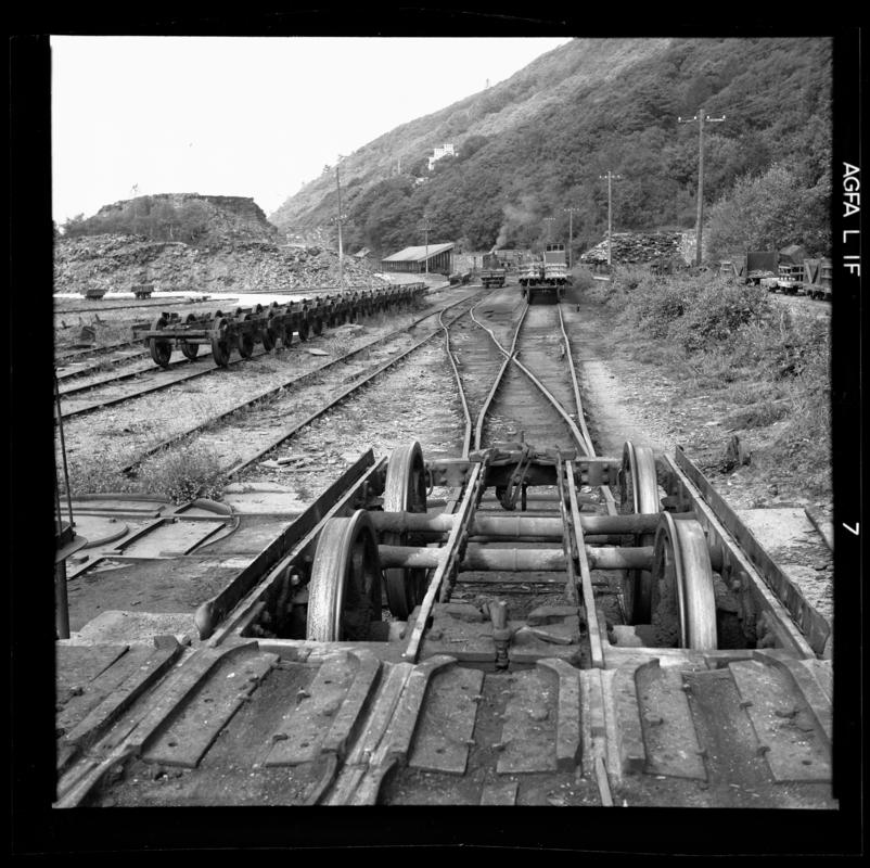 Empty transporter wagons at Gilfach Ddu.  Possibly 1950s or early 1960s.