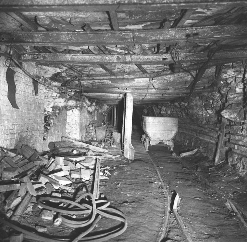 Black and white film negative showing an underground view of Oakdale Colliery, May 1980.  &#039;Oakdale May 1980&#039; is transcribed from original negative bag.