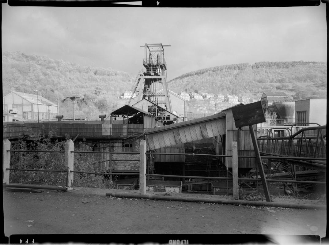 Black and white film negative showing the headframe which was built by E. Finch and Co. of Chepstow in the style of the old wooden headframes.  &#039;South Celynen&#039; is transcribed from original negative bag.