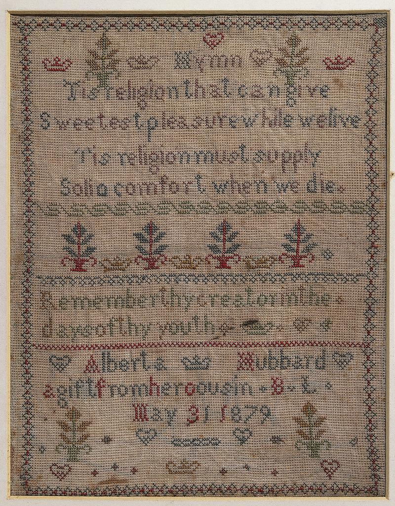 Sampler (Biblical, verse &amp; motifs), made in England, 1879