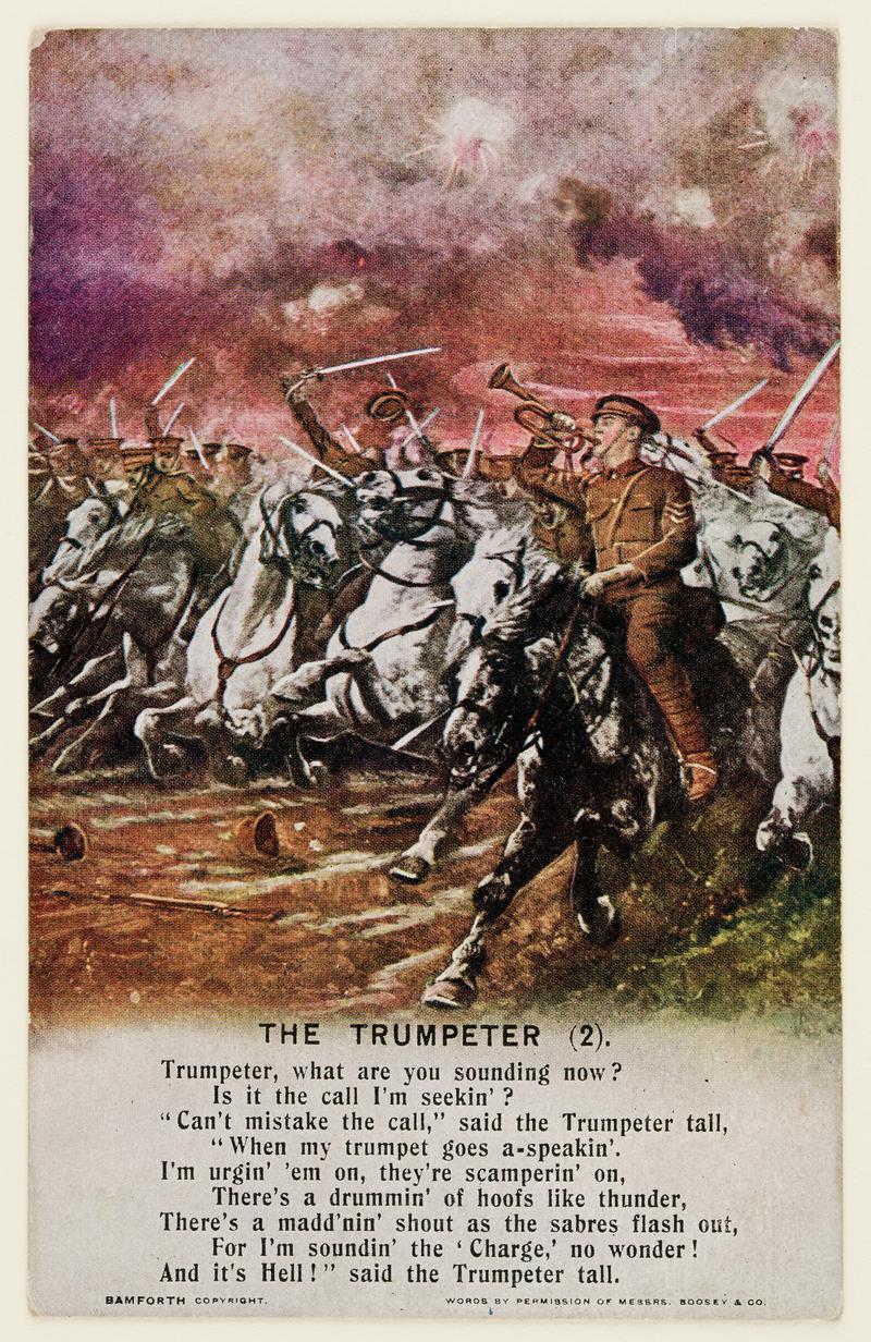 Postcard showing Soldiers on horseback charging into battle