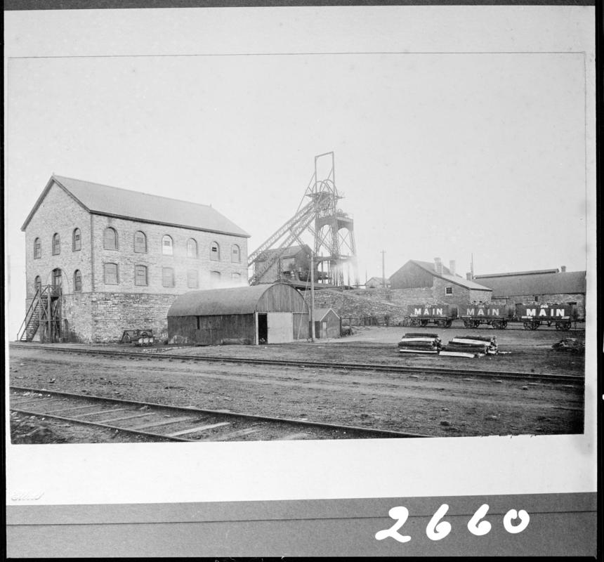 Black and white film negative of a photograph showing a surface view of Main Colliery, Skewen.  &#039;Main Colliery&#039; is transcribed from original negative bag.