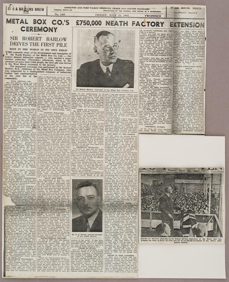 Photocopy of newspaper cutting relating to Metal Box, Neath