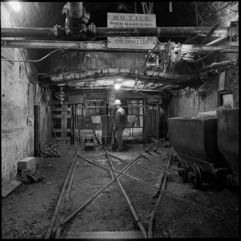 Black and white film negative showing pit bottom at Cwmtillery Colliery 22 November 1977.  &#039;Cwmtillery, 22 November 1977&#039; is transcribed from original negative bag.  Appears to be identical to 2009.3/61.