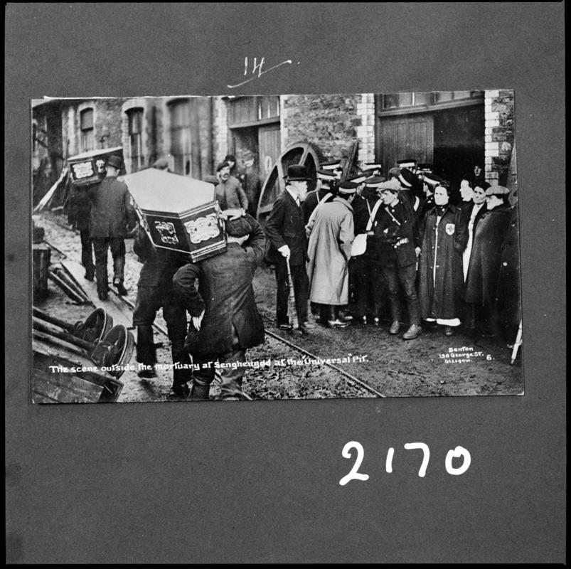 Black and white film negative of a photograph showing &#039;the scene outside the mortuary at Senghenydd&#039; following the Universal Colliery disaster of 14 October 1913.  &#039;Sen 1913&#039; is transcribed from original negative bag.
