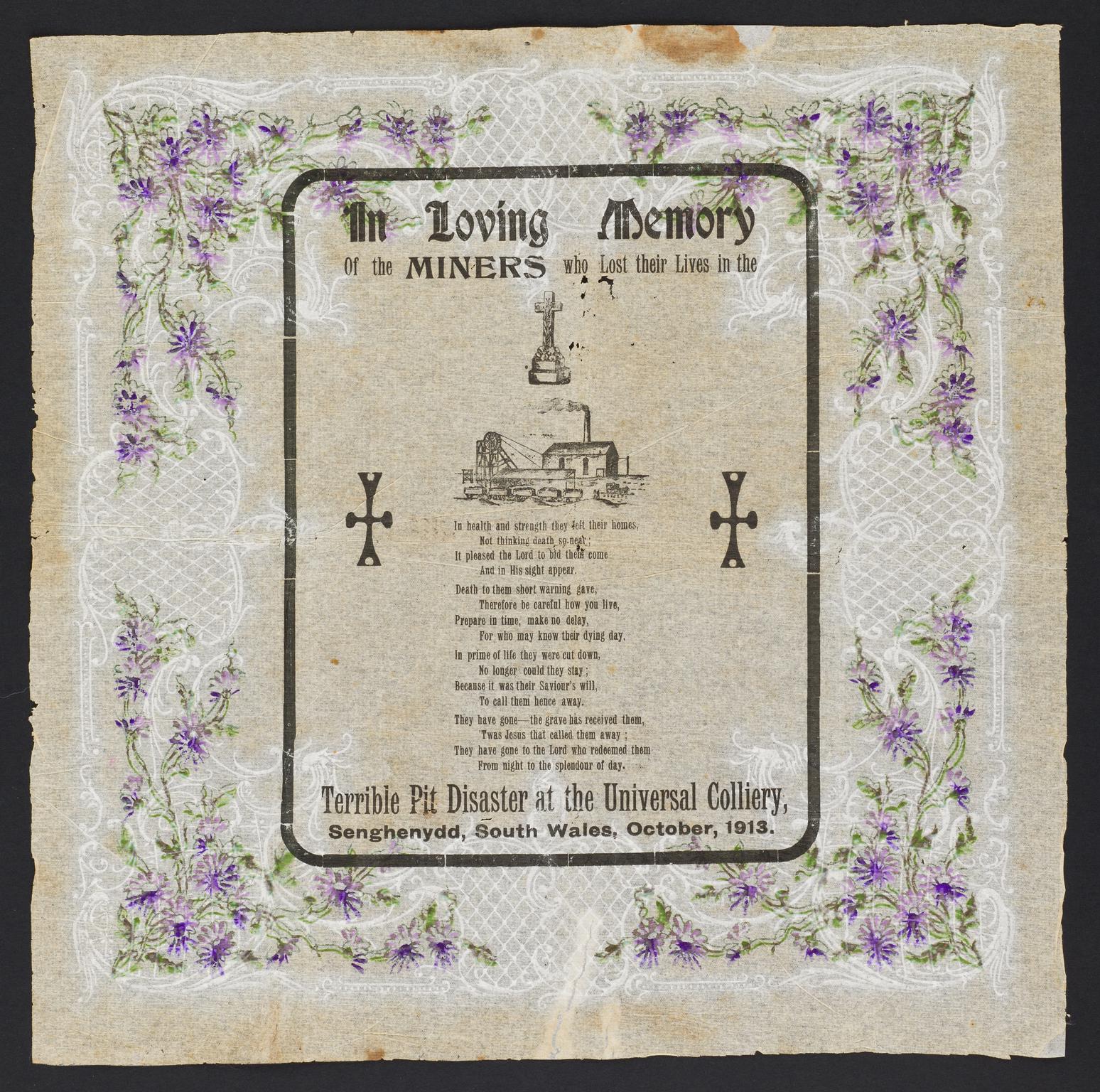 Universal Colliery, Senghenydd, memorial poem printed on serviette