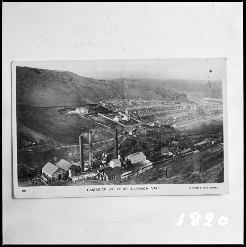 Black and white film negative of a photograph showing a surface view of Cambrian Colliery, Clydach Vale.  &#039;Cambrian Colliery&#039; is transcribed from original negative bag.
