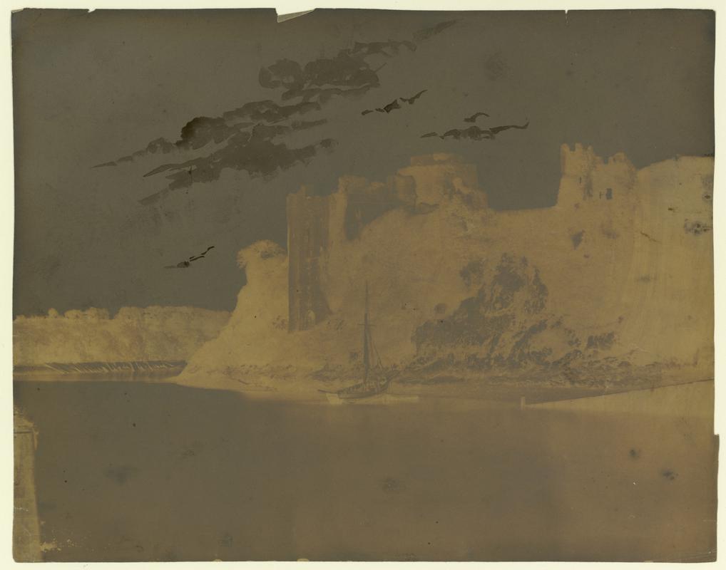 Wax paper calotype negative. Ruins of Pembroke Castle from the Bridge