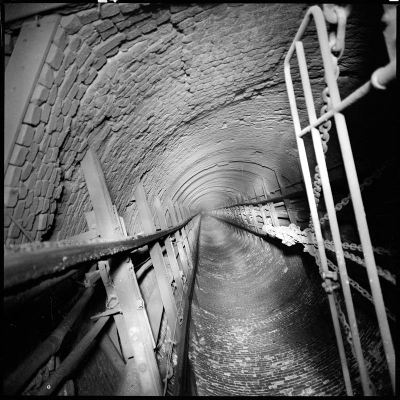 Black and white film negative showing a view looking up the Hetty shaft, Tymawr Colliery, March 1980.  &#039;Hetty shaft Ty Mawr Colliery, March 1980&#039; is transcribed from original negative bag.