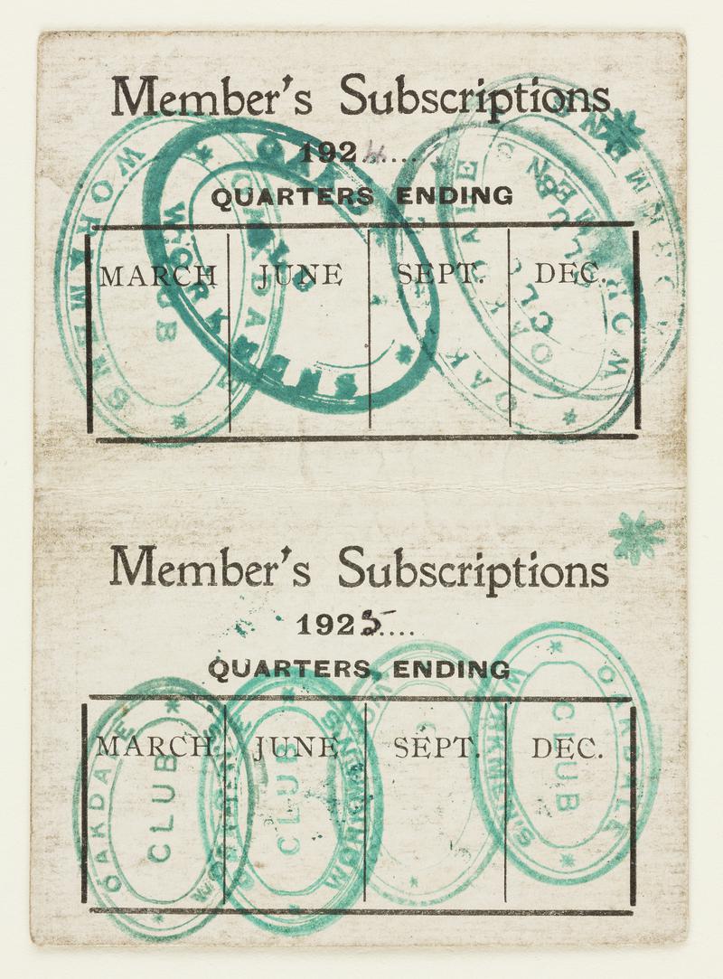 Oakdale Workmen's Club and Institute, membership card