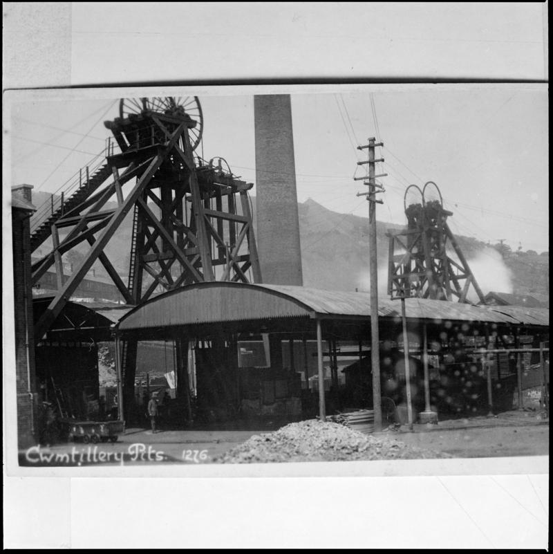 Black and white film negative of a photograph showing the wooden headframes at Cwmtillery Colliery c.1910.  &#039;Cwmtillery&#039; is transcribed from original negative bag.