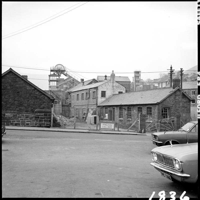 Black and white film negative showing a surface view of Ffaldau Colliery, 15 April 1980.  &#039;Ffaldau 15/4/80&#039; is transcribed from original negative bag.