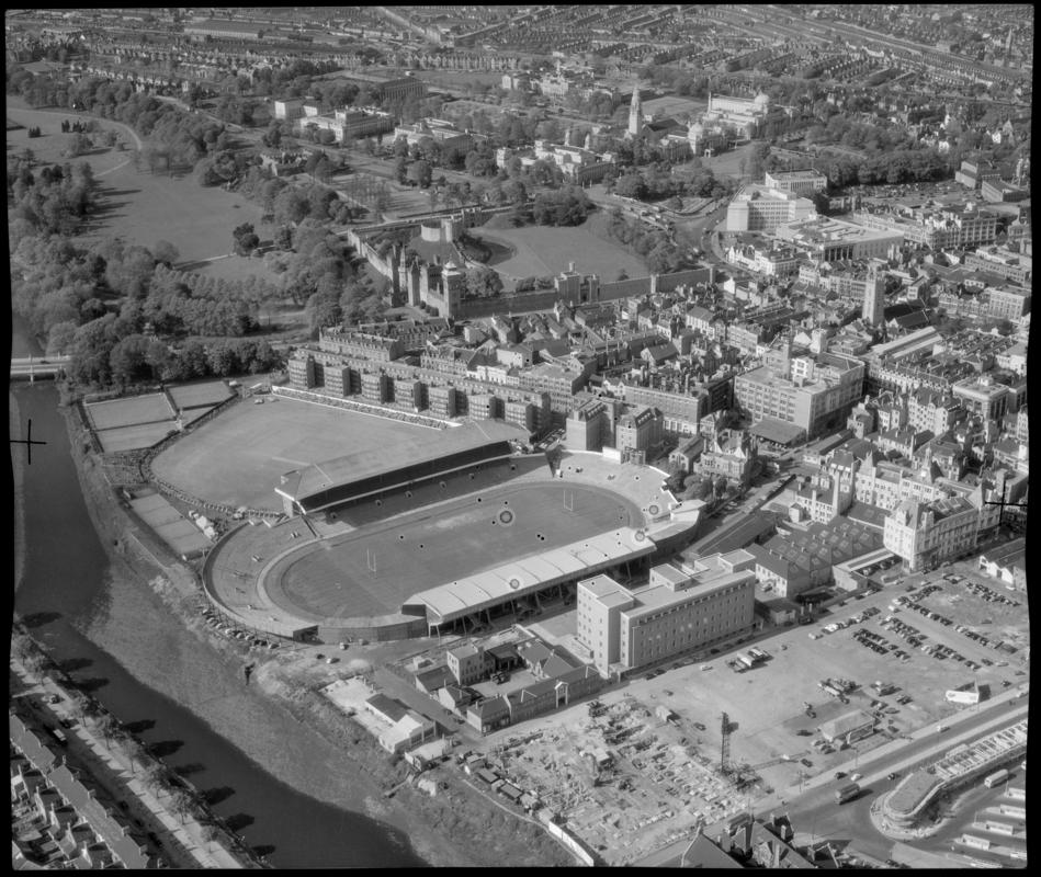 Aerial view of Cardiff Arms Park stadium, 15 May 1956