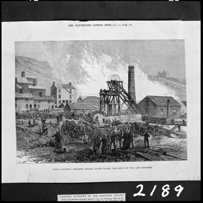 Black and white film negative showing the scene after the Dinas Colliery explosion, 1879, a sketched illustration from a publication.  &#039;Dinas Colliery&#039; is transcribed from original negative bag.