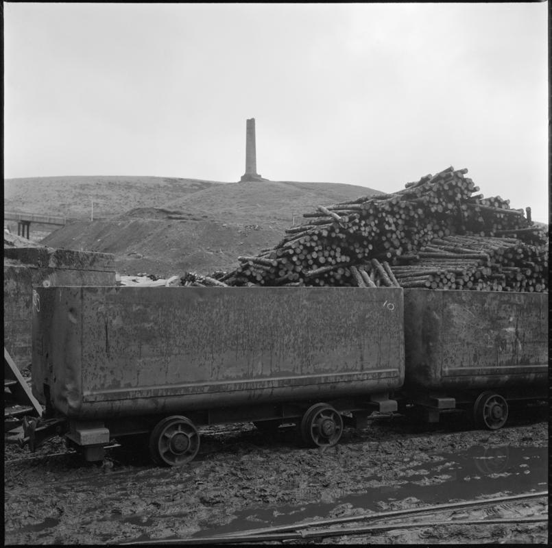 Black and white film negative showing mine cars in Maerdy Colliery yard.  &#039;Mardy&#039; is transcribed from original negative bag.