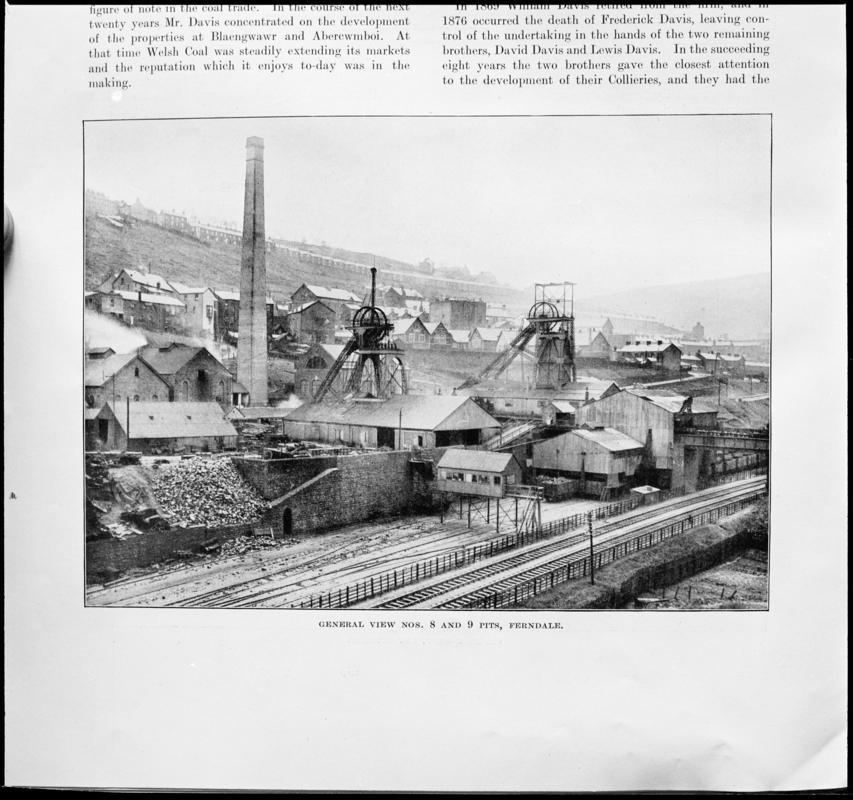 Black and white film negative showing a general view of  nos.8 and 9 pits, Ferndale Colliery, photographed from a publication.  &#039;Ferndale Pits 8 - 9&#039; is transcribed from original negative bag.