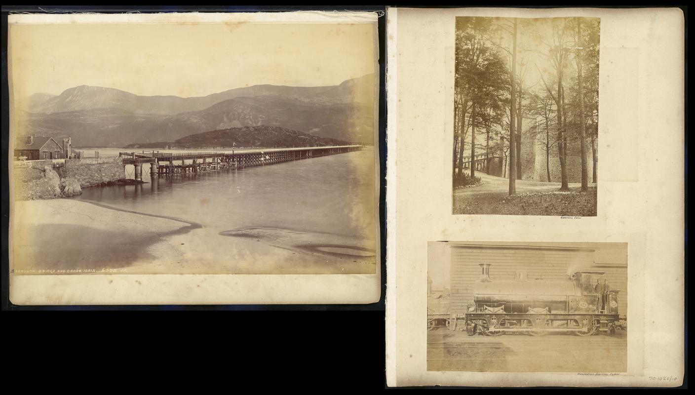 Two photographs mounted onto : &#039;Castell Coch&#039; and &#039;T.V.R. Converted Bristol Class locomotive&#039; and Barmouth Bridge and Cader Idris (front and Back)