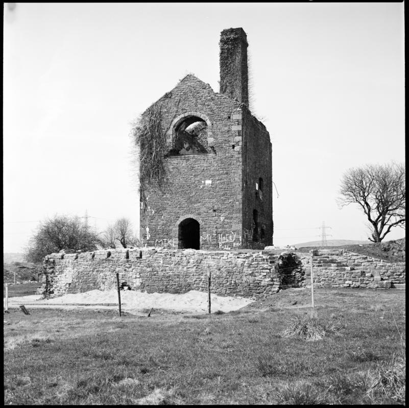 Black and white film negative showing the remains of the engine house, Scott&#039;s Pit, Llansamlet. &#039;Scotts Pit&#039; is transcribed from original negative bag.