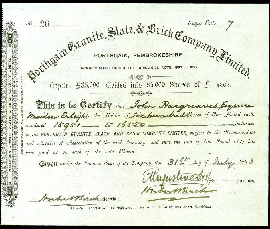 Share Certificate &quot;Porthgain granite, Slate &amp; Brick Company Limited &quot;