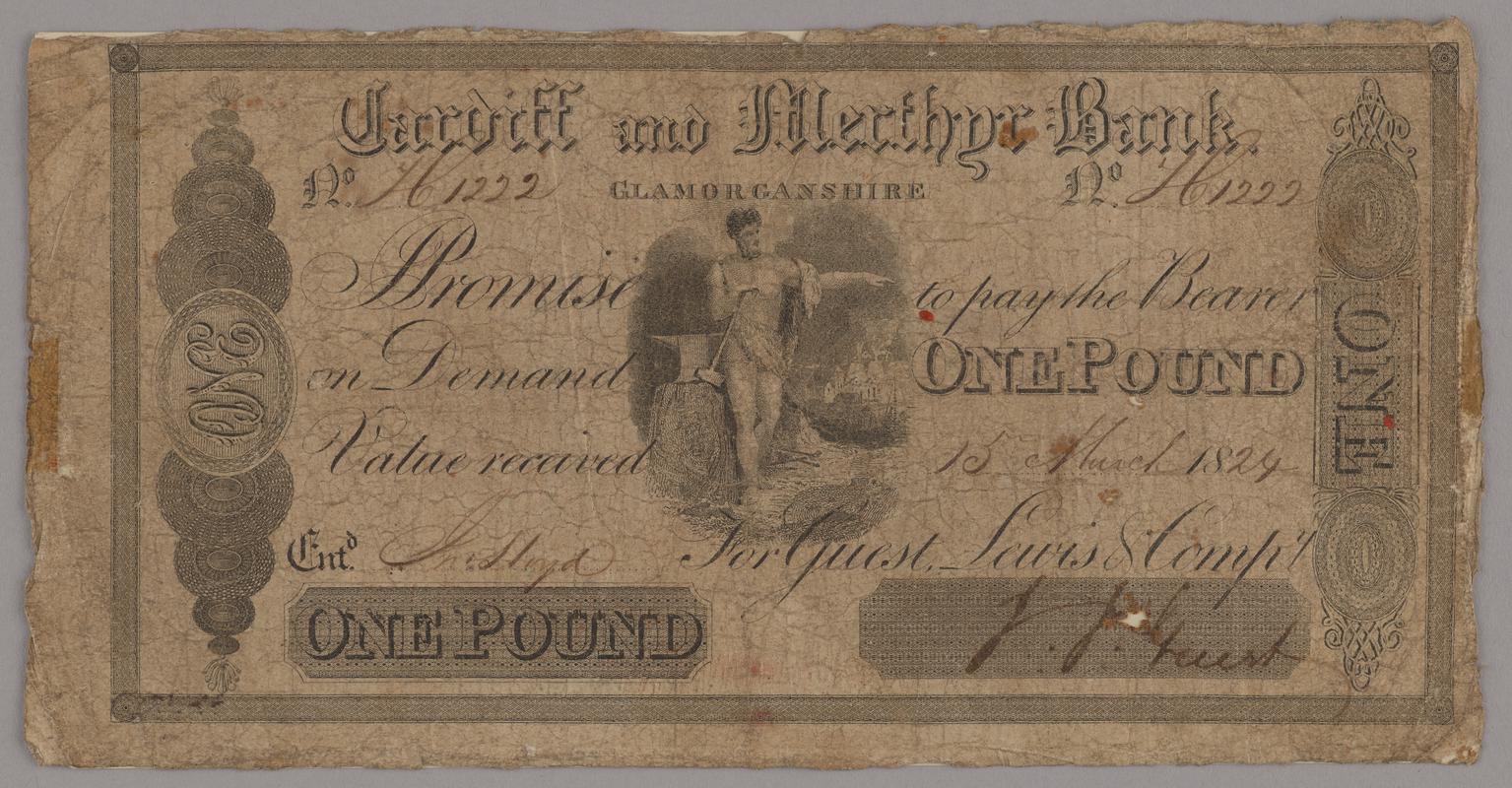 Cardiff &amp; Merthyr Bank one pound bank note, 1824