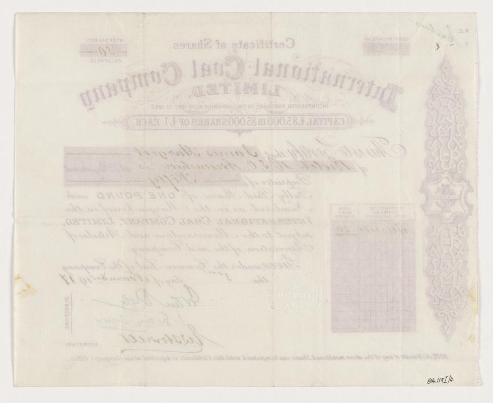 International Coal Company Ltd share certificate