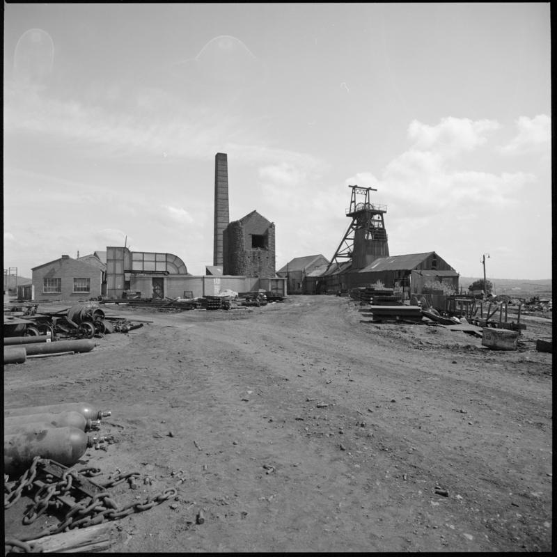 Black and white film negative showing a general surface view of Morlais Colliery 13 May 1981.  &#039;Morlais 13/5/81&#039; is transcribed from original negative bag.