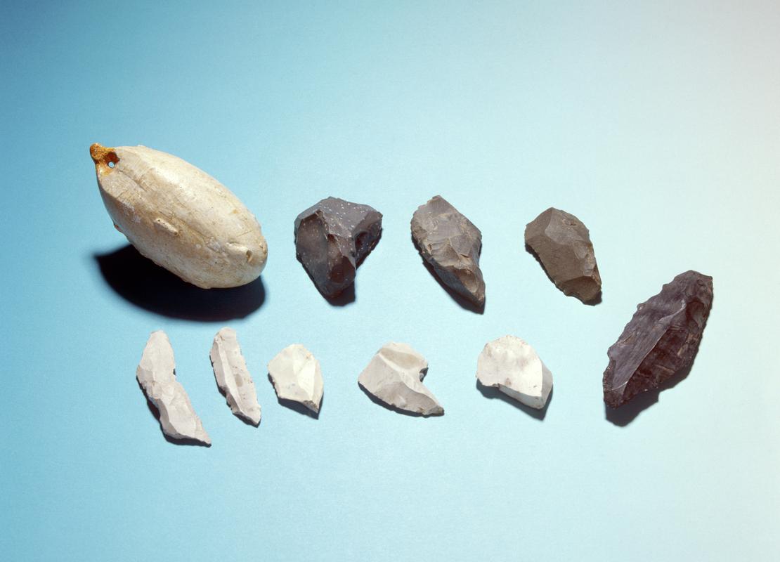 group of lithics and cast of ivory pendant