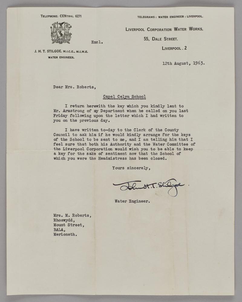 Letter to Martha Roberts, headteacher of Capel Celyn School, 12 August 1963