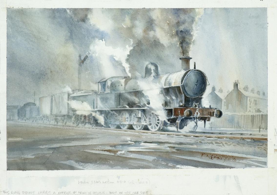 Watercolour &quot;Freight Train Headed by 0-8-0 Locomotive Number &#039;49137&#039; of the L.N.W.R. in North Wales&quot; by B.R. Entwistle (1976).