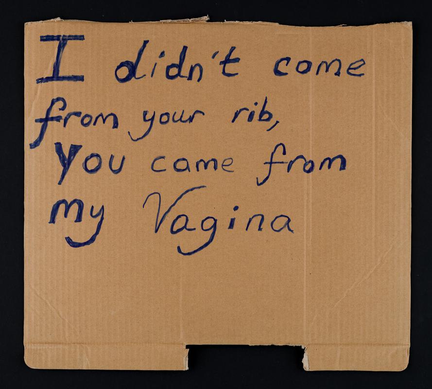 &#039;I didn&#039;t come from your rib, you came from my Vagina&#039; handwritten placard used at the Women&#039;s March in Cardiff city centre on 21 January 2017.