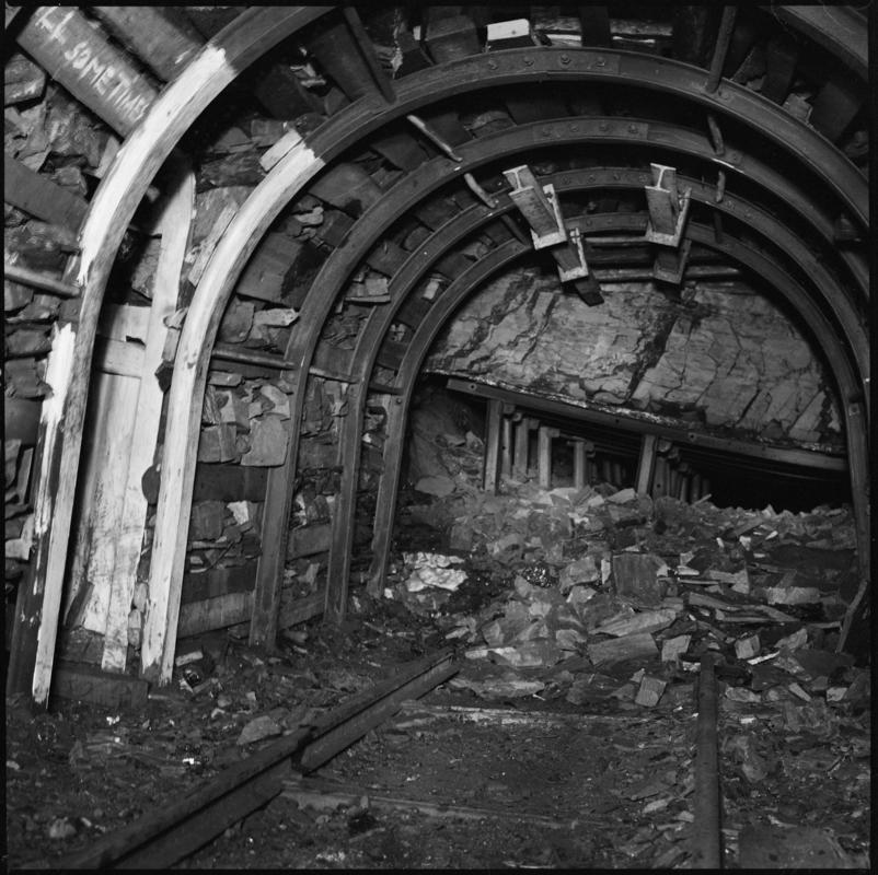 Black and white film negative showing an underground roadway under development, Treforgan Colliery.  &#039;Treforgan&#039; is transcribed from original negative bag.
