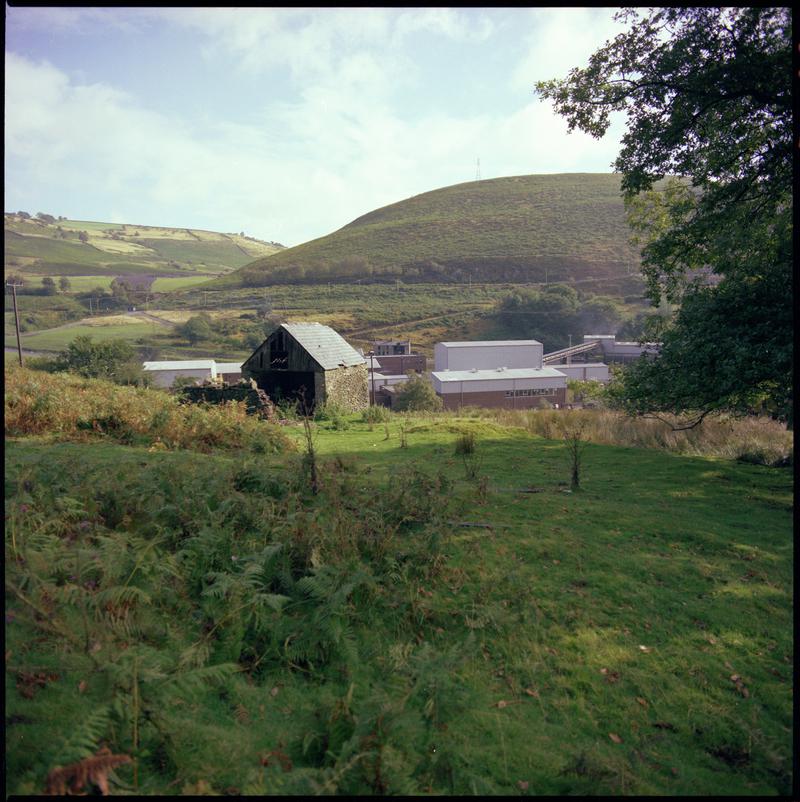 Colour film negative showing a view towards Trelewis Drift Mine.  &#039;Trelewis&#039; is transcribed from original negative bag.