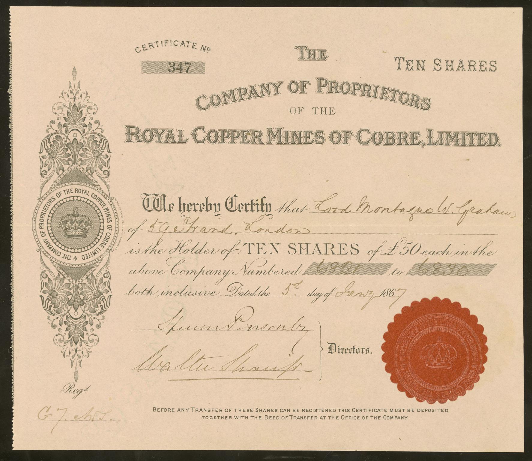 Royal Copper Mines of Cobre Ltd., share cert