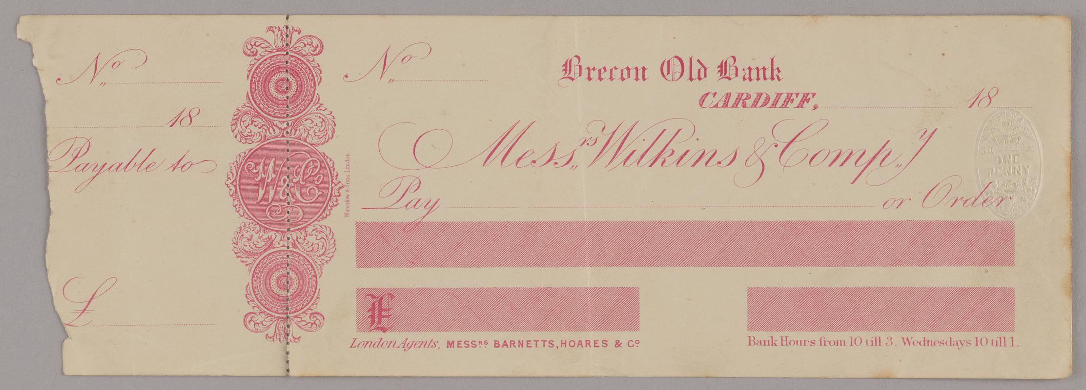 Print of blank cheque, Brecon Old Bank