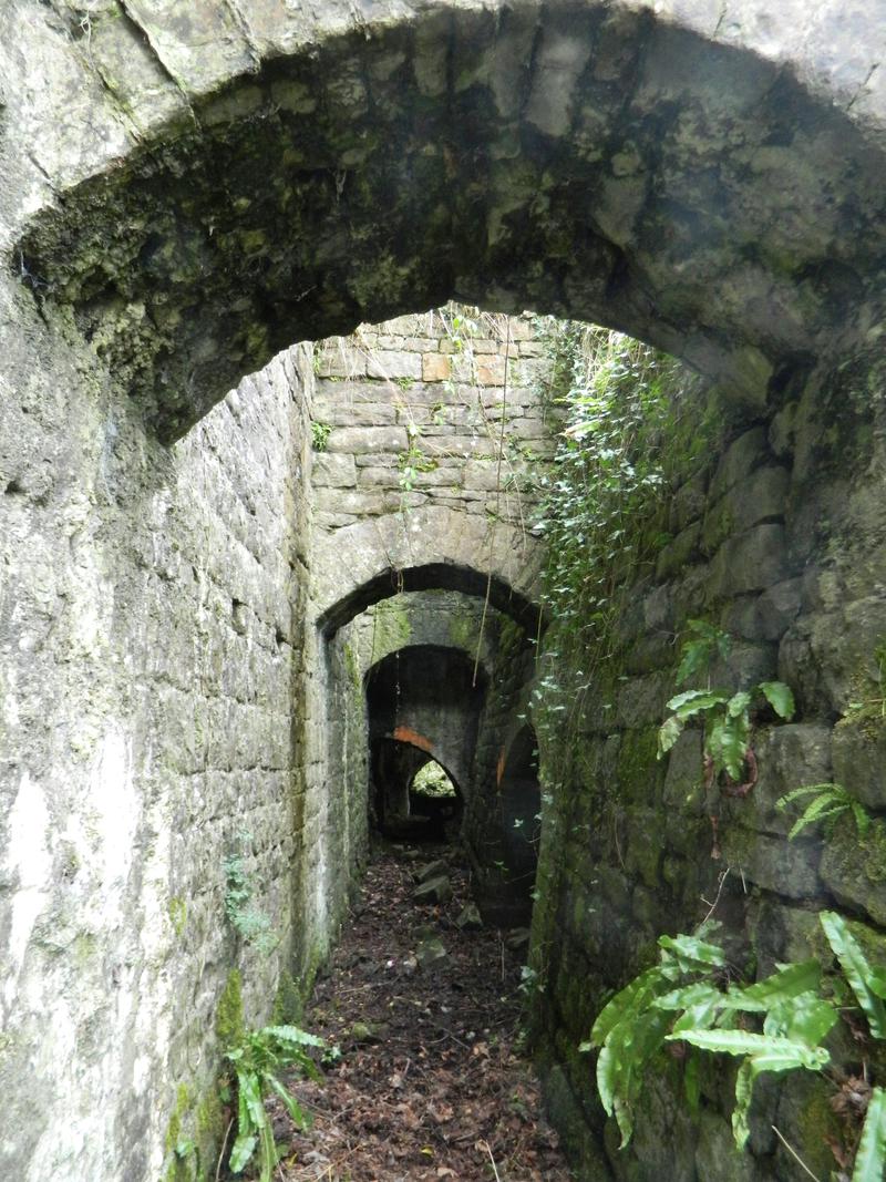 Clydach Ironworks: blast passage at rear of blast furnaces, looking towards south west from behind no.2 blast furnace.