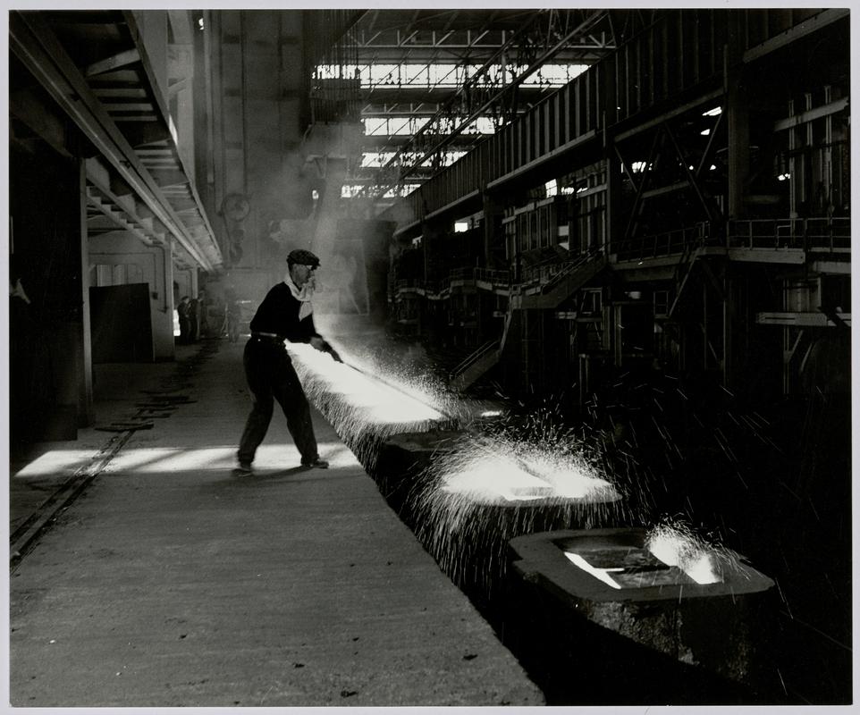 &quot;Port Talbot, Abbery Works, September 1951, South Wales&quot; [ molten steel teeming into ingot moulds ] - Photograph of steelworks and South Wales