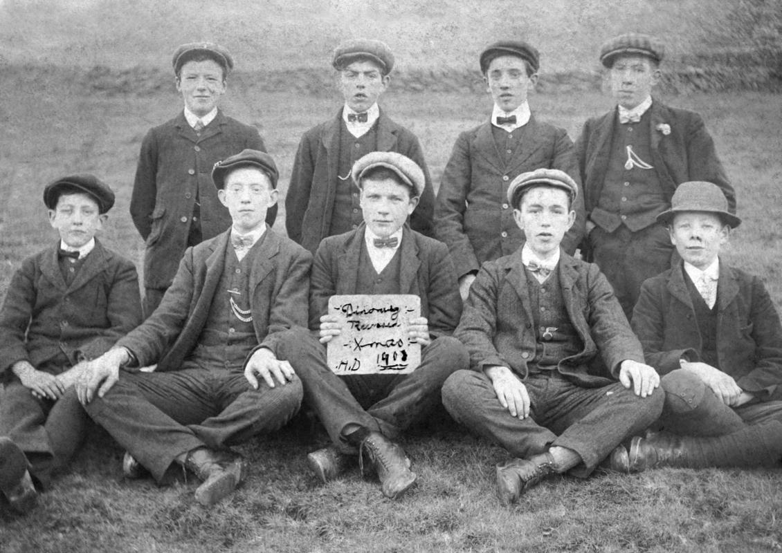 Young men &amp; boys smartly dressed, Dinorwig, Christmas 1908