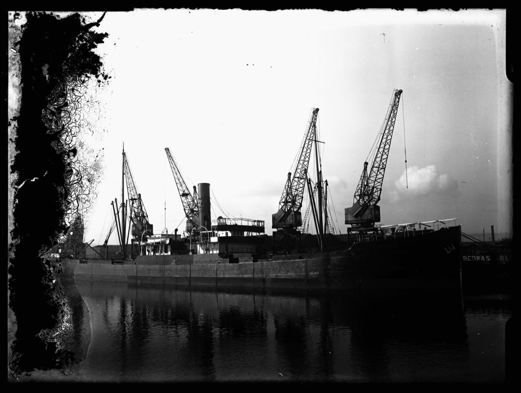 3/4 port stern view of M.V. ARANTAZ MENDI at Cardiff Docks, c.1936