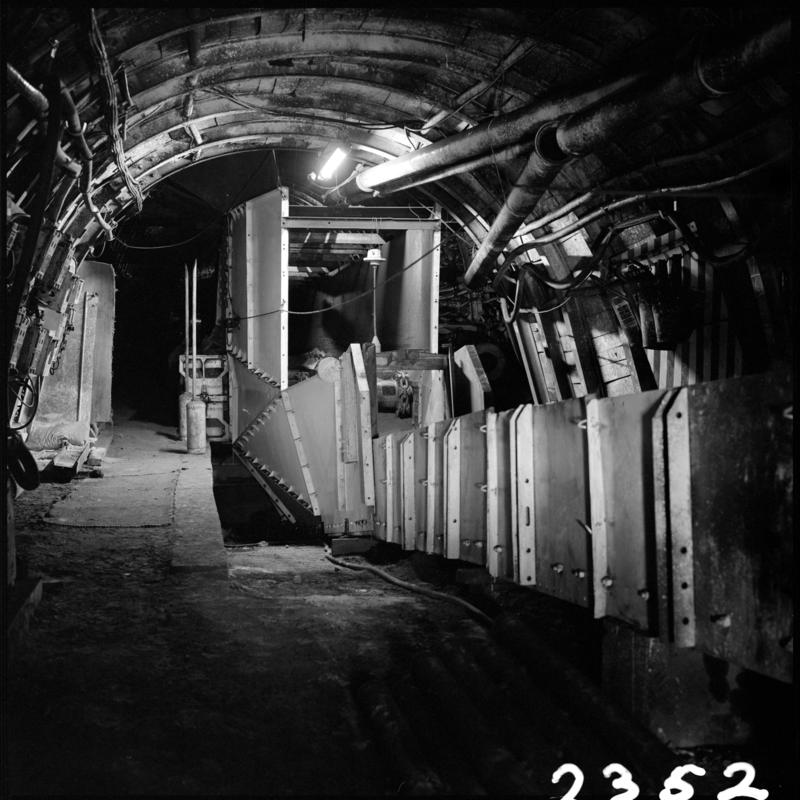 Black and white film negative showing an underground view, Merthyr Vale Colliery 2 July 1981.  &#039;2 Jul 1981&#039; is transcribed from original negative bag.