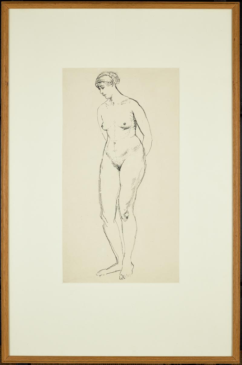 Standing female nude, with hands behind her back