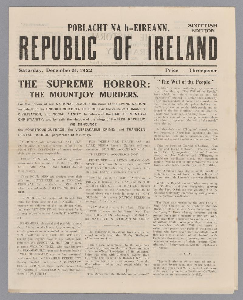 POBLACHT na h-EIREANN - REPUBLIC OF IRELAND (Scottish Edition) December 31, 1922