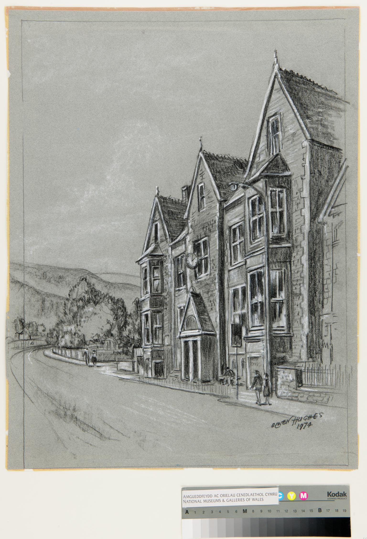 Unidentified town building, charcoal drawing