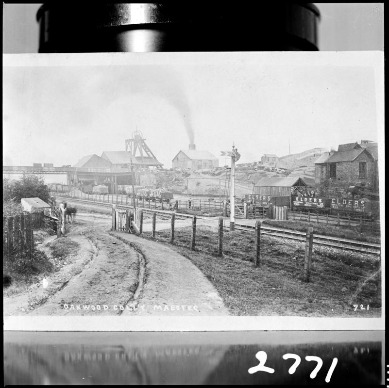 Black and white film negative of a photograph showing a surface view of Oakwood Colliery, Maesteg.  &#039;Oakwood&#039; is transcribed from original negative bag.  Appears to be identical to 2009.3/2248.