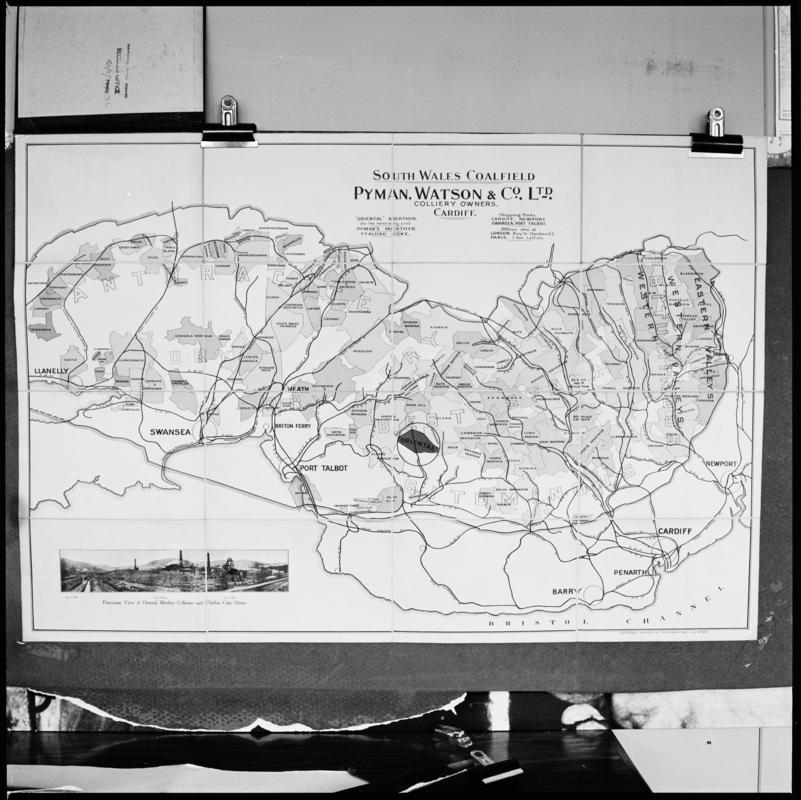 Black and white film negative of a &#039;Pyman Watson &amp; Co. Ltd, Cardiff&#039; south Wales Coalfield map.